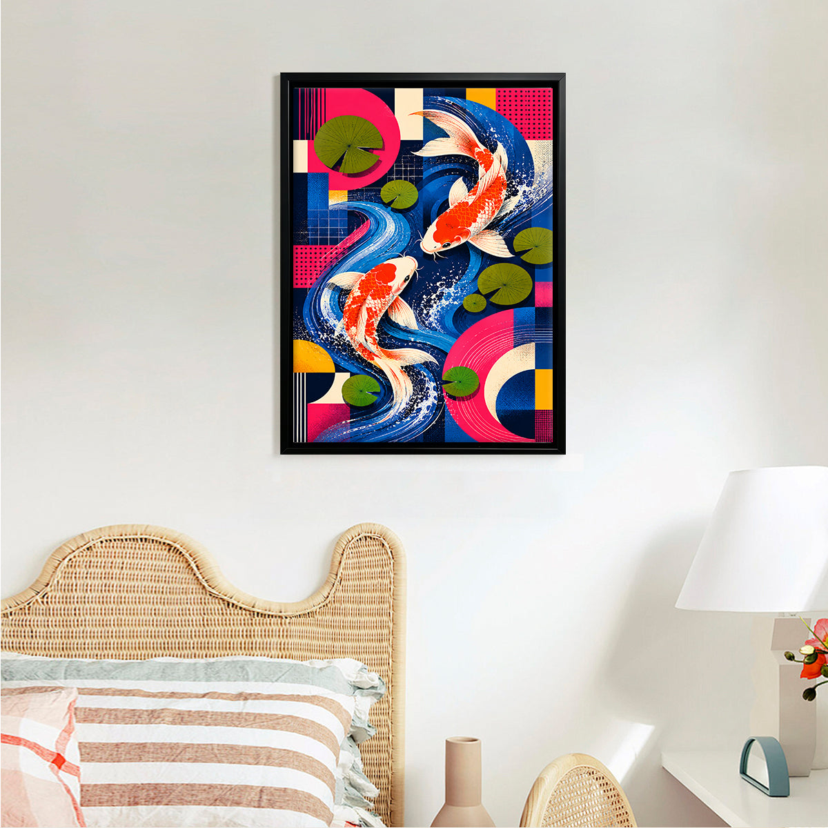 Framed Koi Fish Art Print with Vibrant Geometric Design, Perfect for Home Decor in Any Room