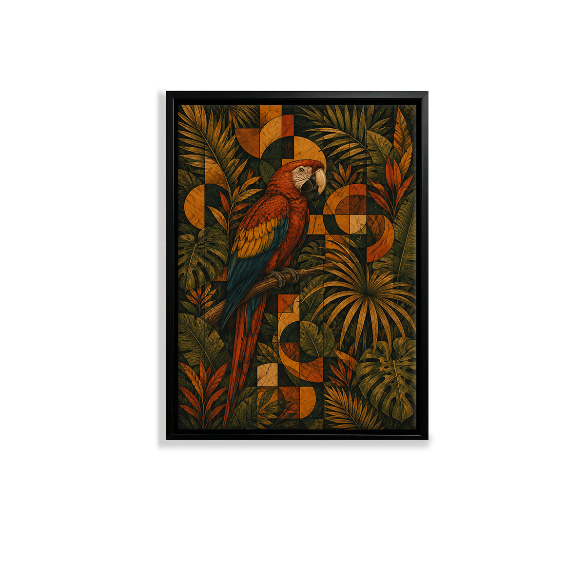 Framed Tropical Parrot Art Print with Geometric Patterns, Vibrant Colors, Perfect for Home Decor in Any Room