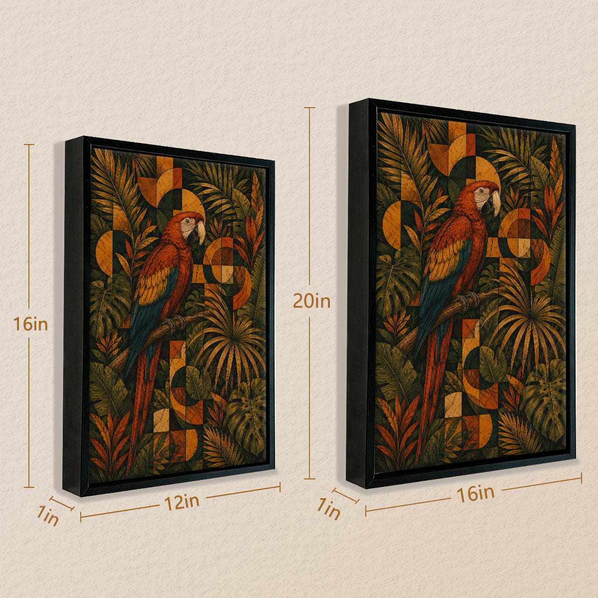 Framed Tropical Parrot Art Print with Geometric Patterns, Vibrant Colors, Perfect for Home Decor in Any Room
