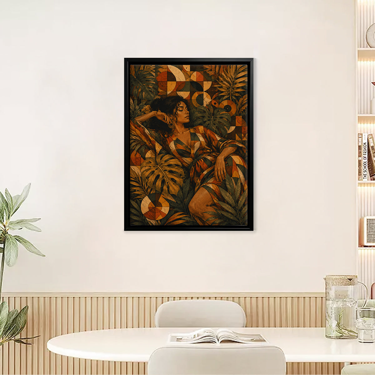Framed Art Print of a Woman in Tropical Leaves and Geometric Patterns, Vintage Style Canvas for Home Decor