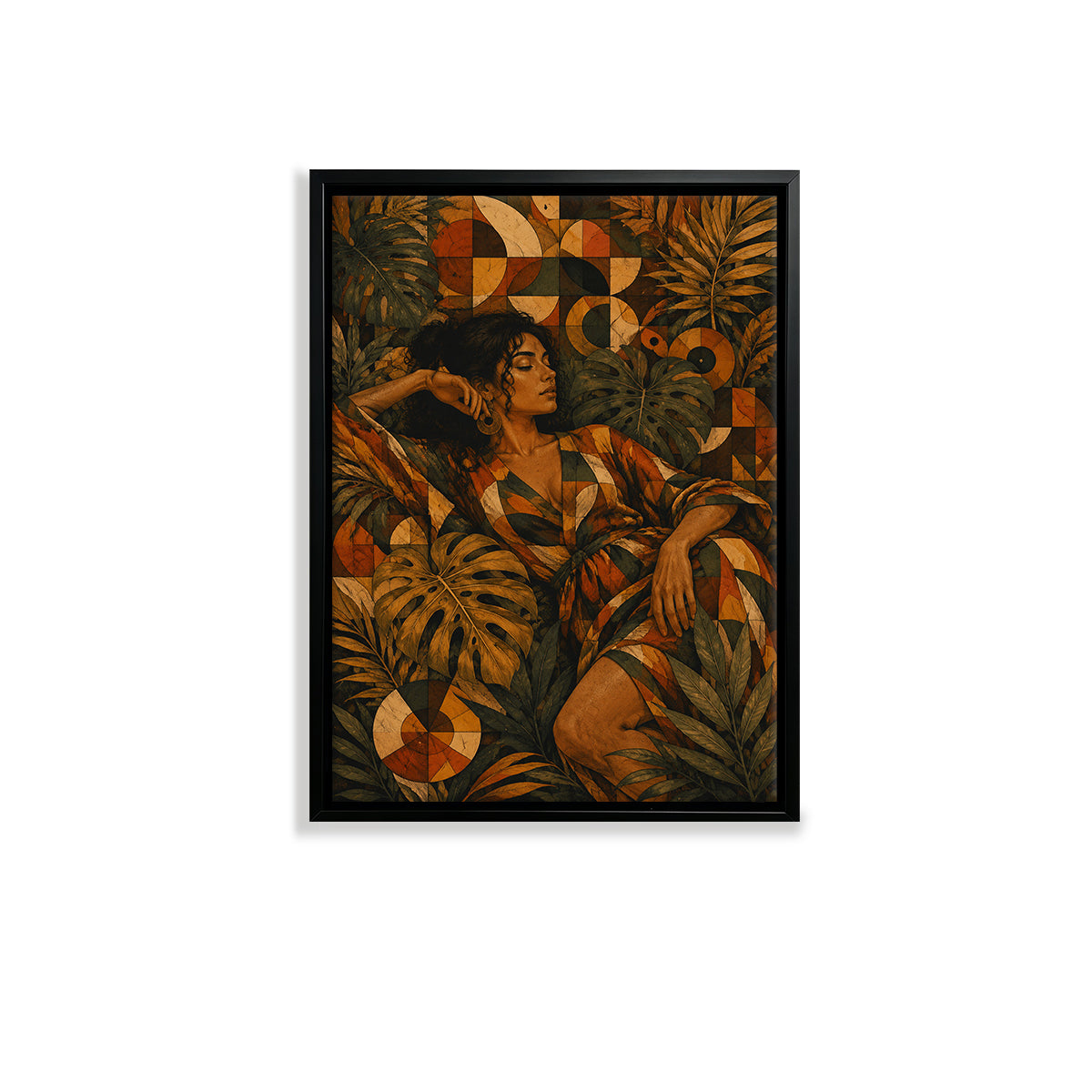 Framed Art Print of a Woman in Tropical Leaves and Geometric Patterns, Vintage Style Canvas for Home Decor