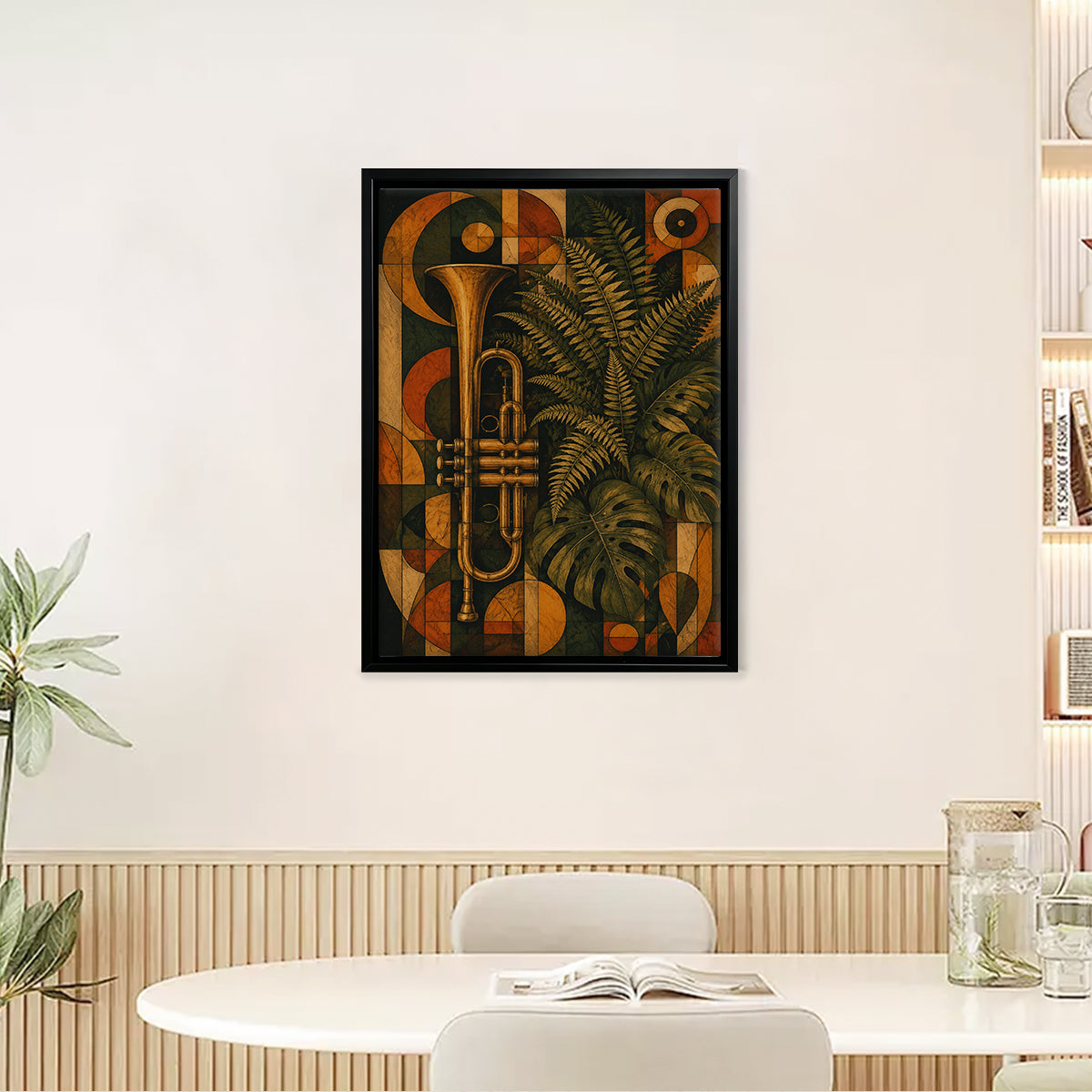 Framed Art Print Featuring Trumpet and Tropical Leaves in Retro Style, Perfect for Home Decor