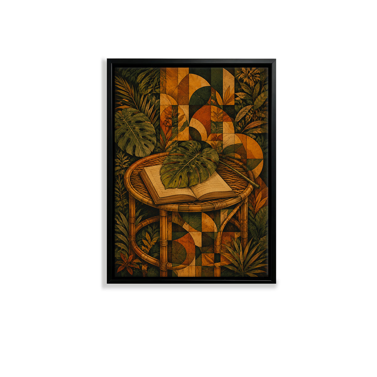 Framed Tropical Botanical Art Print with Rattan Table and Open Book, Vintage Style for Home Decor