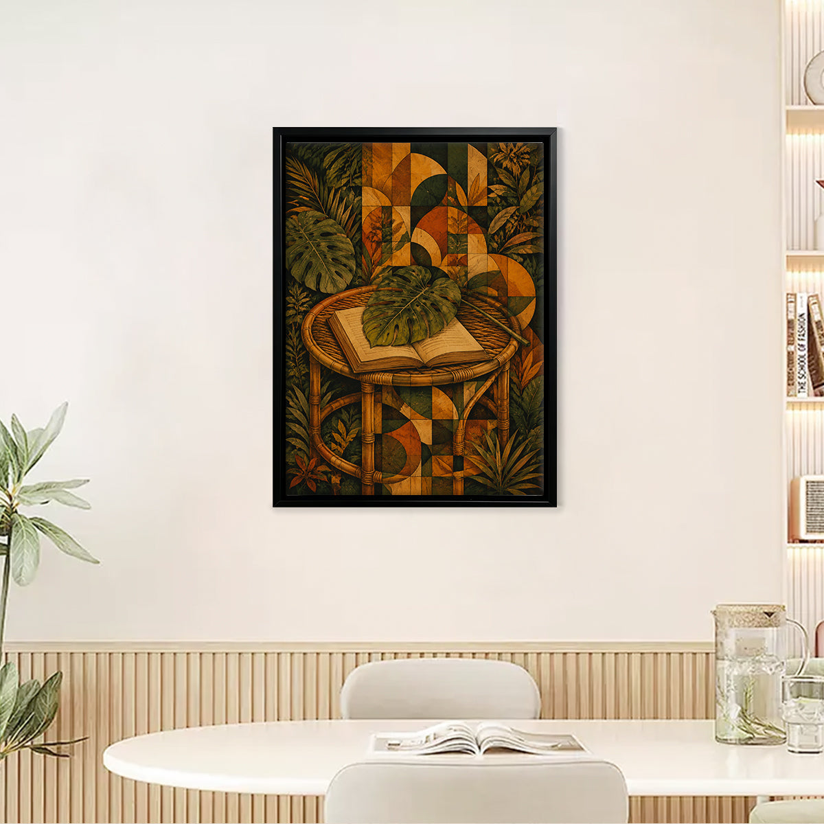 Framed Tropical Botanical Art Print with Rattan Table and Open Book, Vintage Style for Home Decor