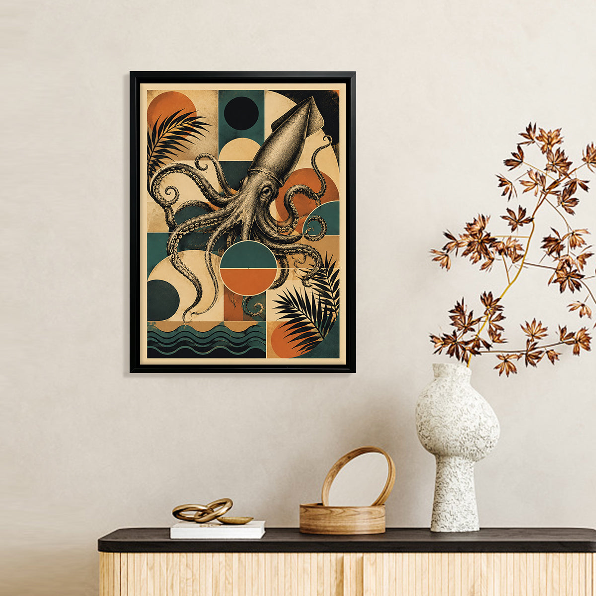 Framed Squid Art Print with Vintage Oceanic Design, High-Quality Matte Finish, Perfect for Home Decor in Any Room