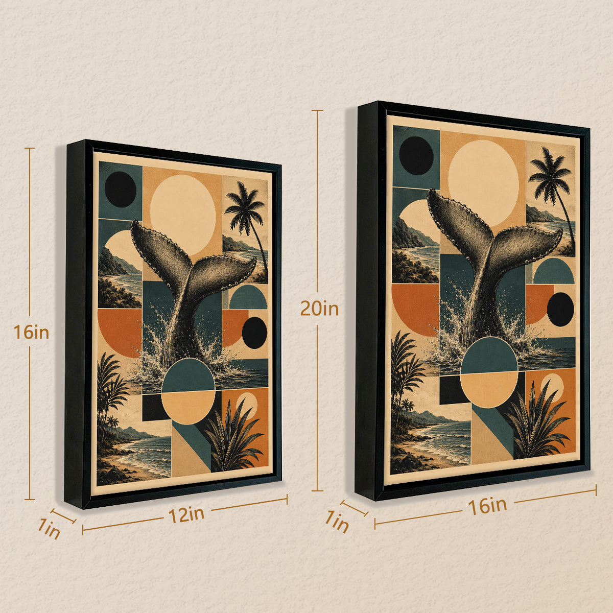 Framed Whale Tail Art Print with Tropical Landscape, Vintage Style, High-Quality Matte Paper, Perfect for Home Decor in California