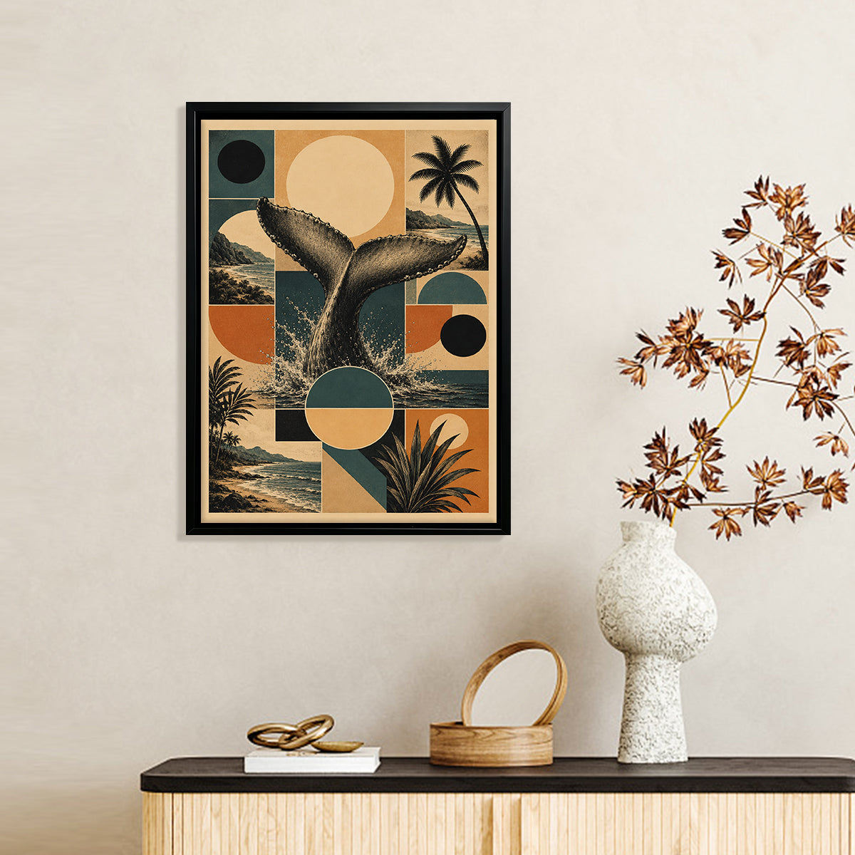 Framed Whale Tail Art Print with Tropical Landscape, Vintage Style, High-Quality Matte Paper, Perfect for Home Decor in California