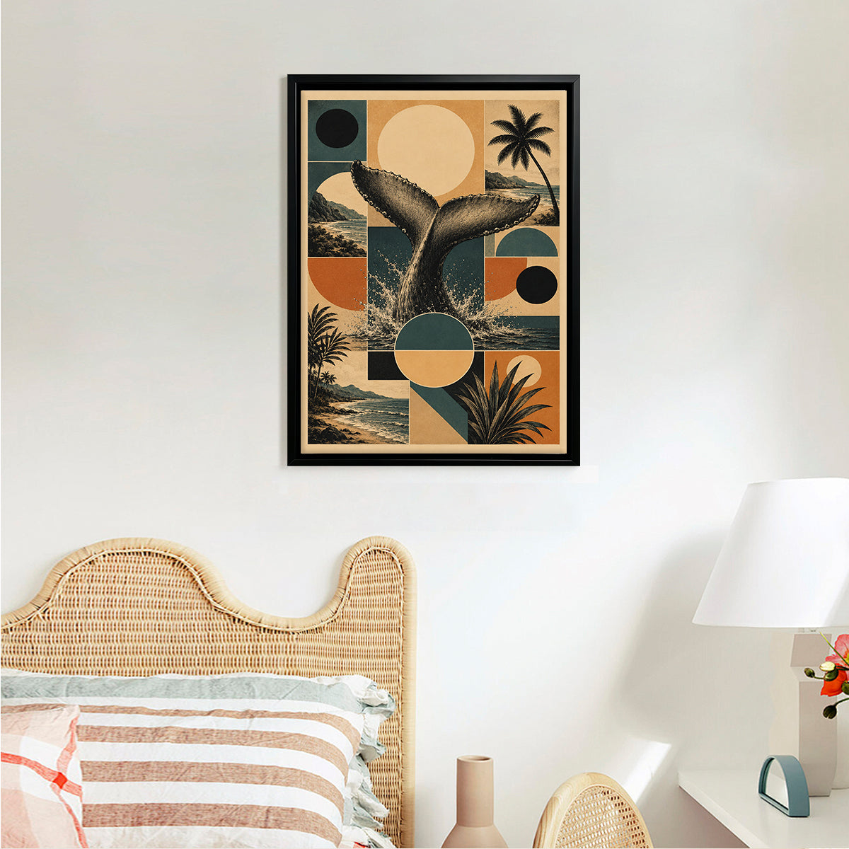 Framed Whale Tail Art Print with Tropical Landscape, Vintage Style, High-Quality Matte Paper, Perfect for Home Decor in California