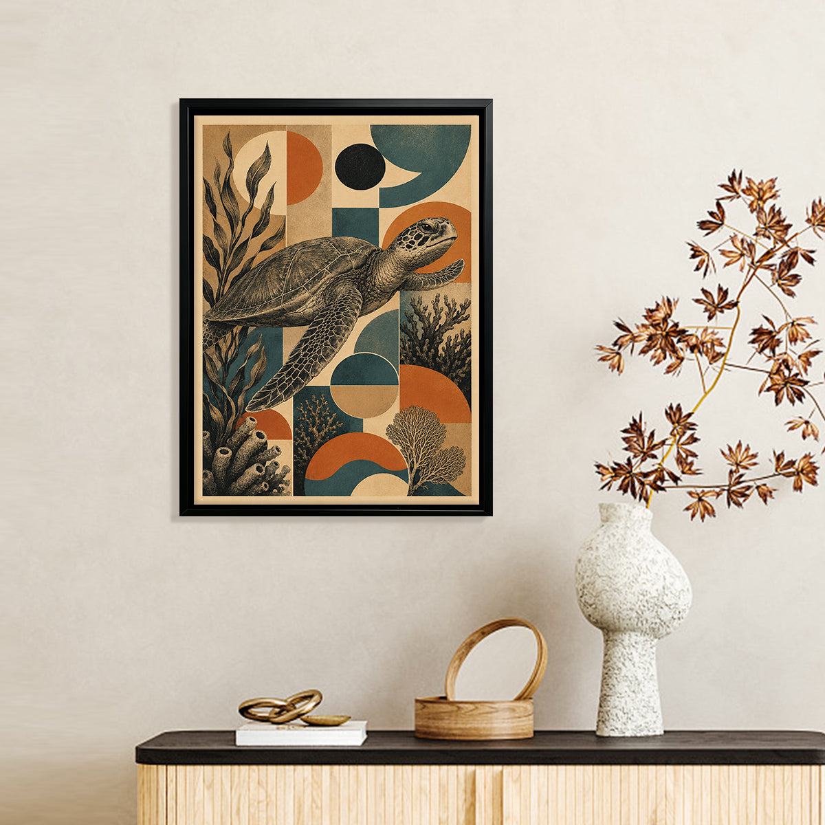 Framed Sea Turtle Art Print with Vintage Oceanic Design, Perfect for Home Decor in Any Room