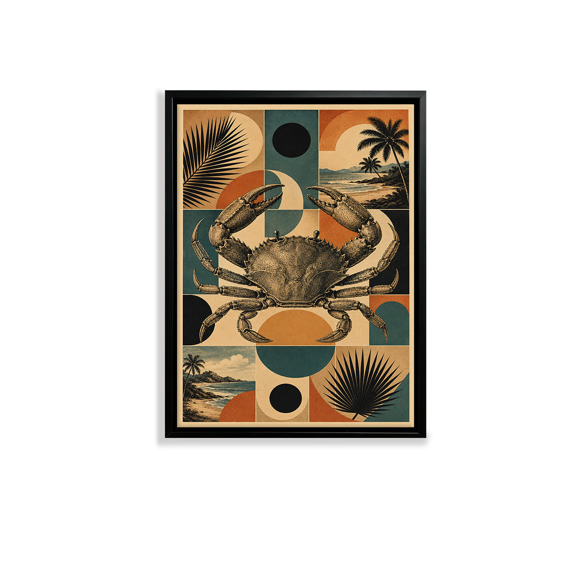 Framed Crab Art Print with Tropical Pattern, Vintage Style, High-Quality Poster for Home Decor