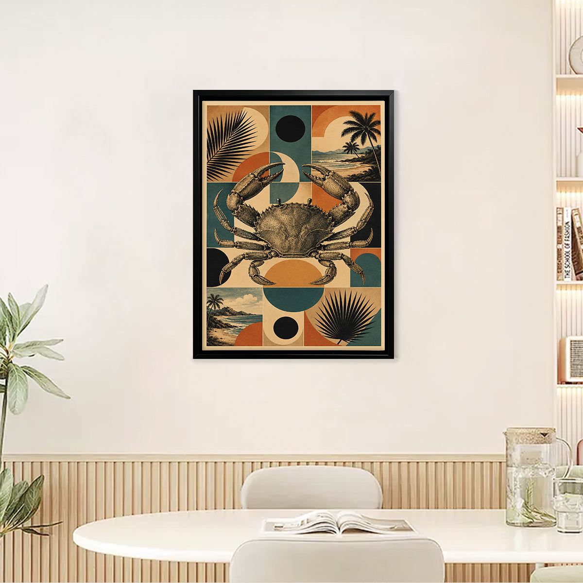 Framed Crab Art Print with Tropical Pattern, Vintage Style, High-Quality Poster for Home Decor