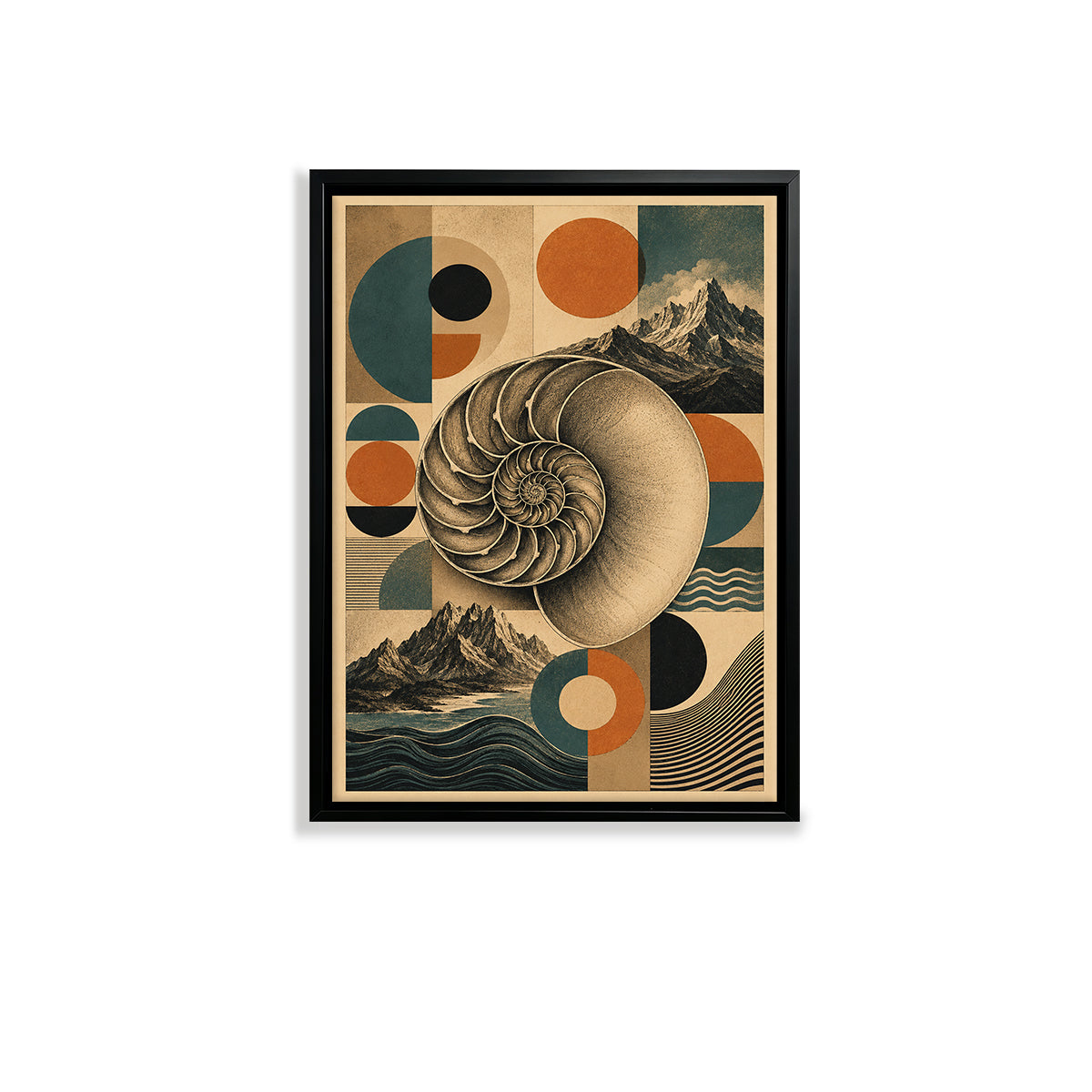 Framed Nautilus Shell Art Print with Mountain Landscape, Vintage Style, High-Quality Matte Paper, Perfect Home Decor for Living Room or Bedroom