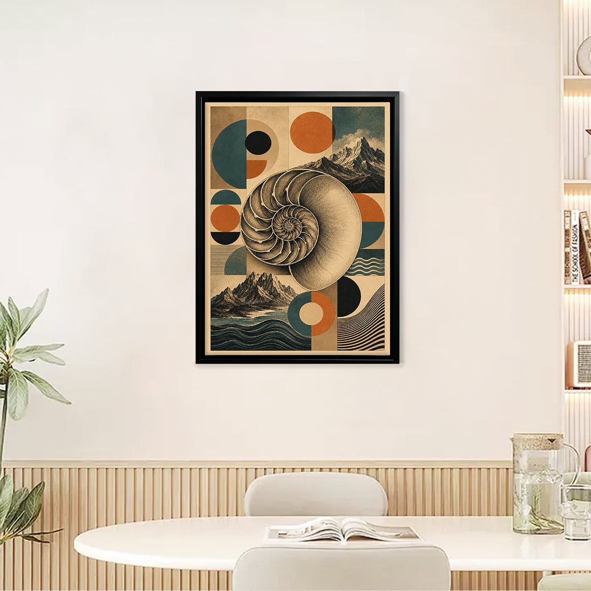 Framed Nautilus Shell Art Print with Mountain Landscape, Vintage Style, High-Quality Matte Paper, Perfect Home Decor for Living Room or Bedroom