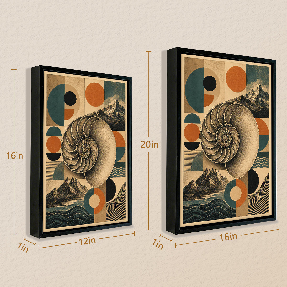 Framed Nautilus Shell Art Print with Mountain Landscape, Vintage Style, High-Quality Matte Paper, Perfect Home Decor for Living Room or Bedroom