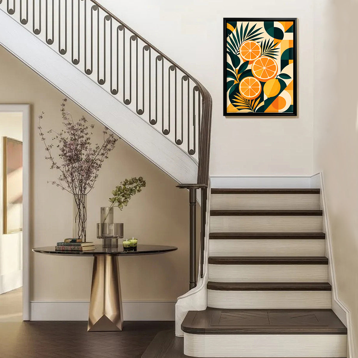 Framed Orange and Lemon Slice Art Print with Tropical Leaves, Modern Retro Style, High-Quality Matte Finish, Perfect for Home or Office Decor