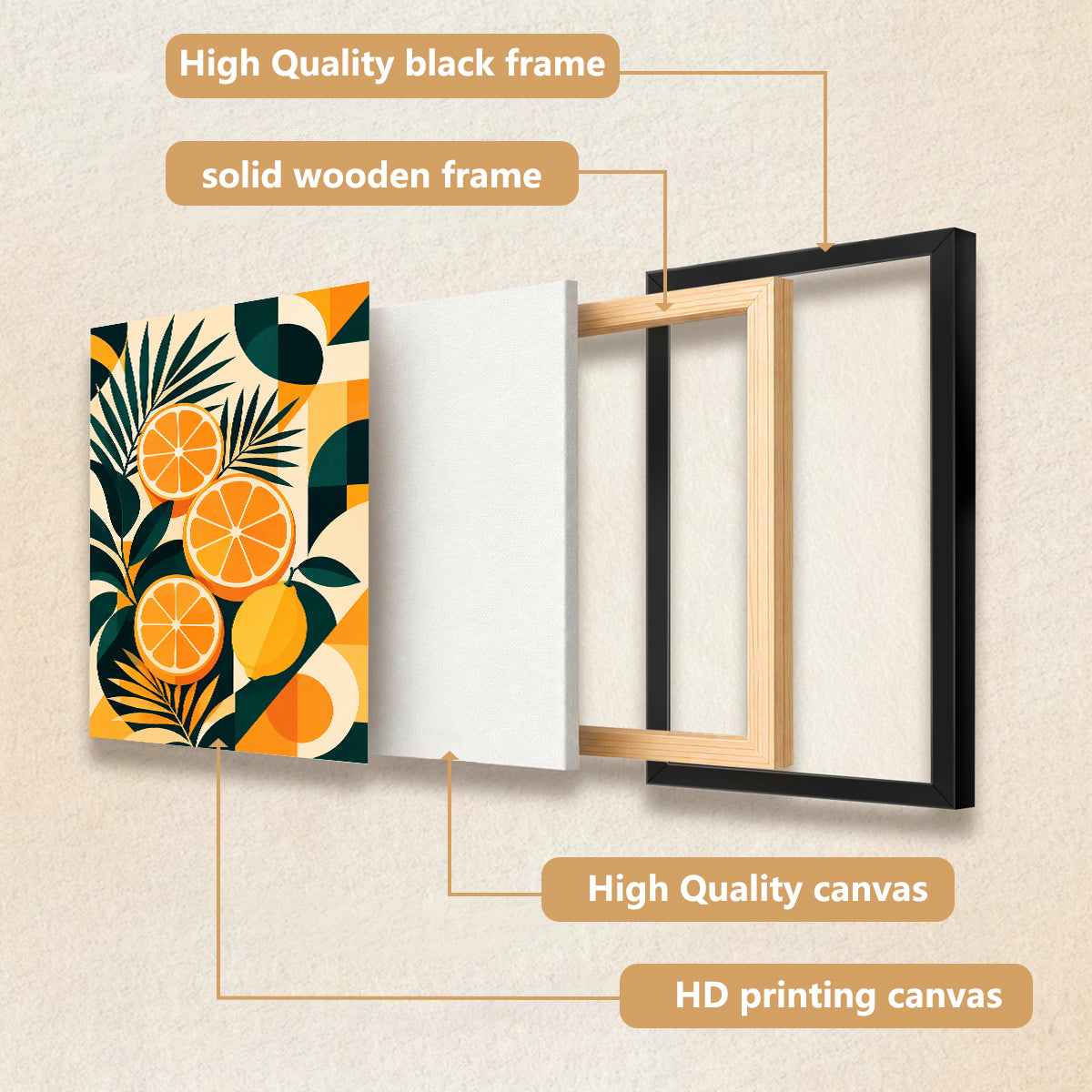 Framed Orange and Lemon Slice Art Print with Tropical Leaves, Modern Retro Style, High-Quality Matte Finish, Perfect for Home or Office Decor