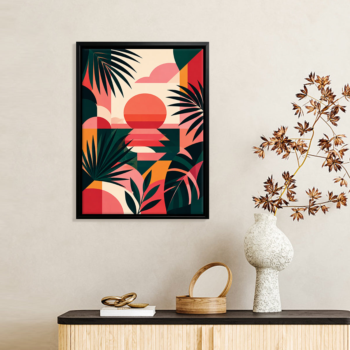 Framed Tropical Sunset Art Print, Modern Abstract Design, High-Quality Matte Finish, Perfect for Home Decor in California