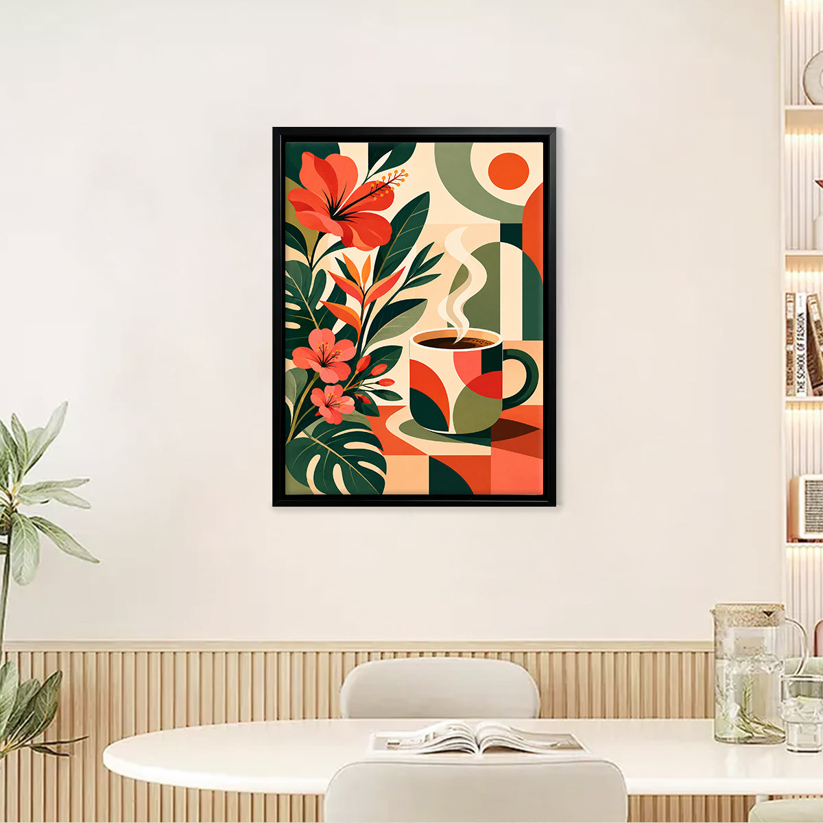 Framed Coffee Art Print with Tropical Flowers, Modern Abstract Design, High-Quality Matte Finish, Perfect Home Decor for Living Room or Kitchen