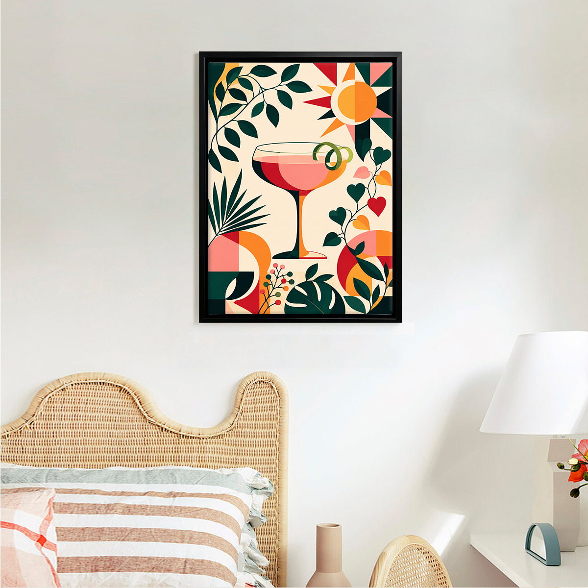 Framed Art Print with Tropical Cocktail Design, Retro Style, High-Quality Matte Finish, Perfect for Home Decor in California