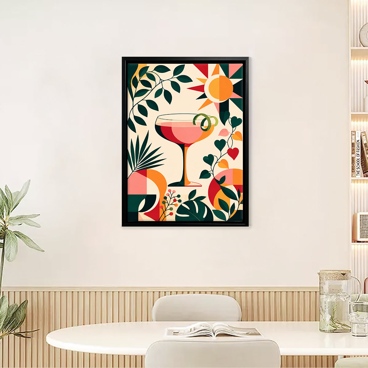 Framed Art Print with Tropical Cocktail Design, Retro Style, High-Quality Matte Finish, Perfect for Home Decor in California