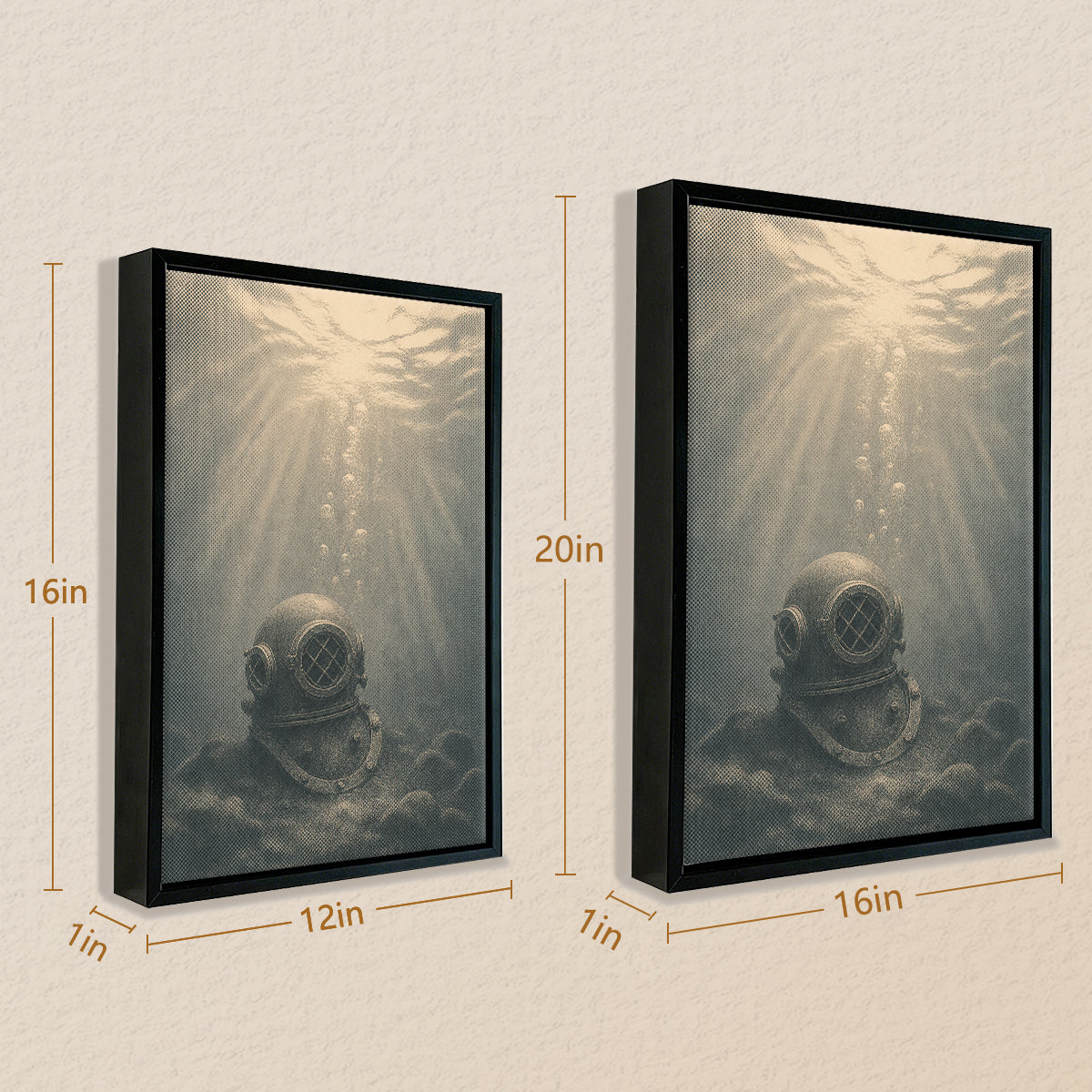 Vintage Diver Helmet Underwater Art Print, Sepia Tone Framed Canvas for Home Decor