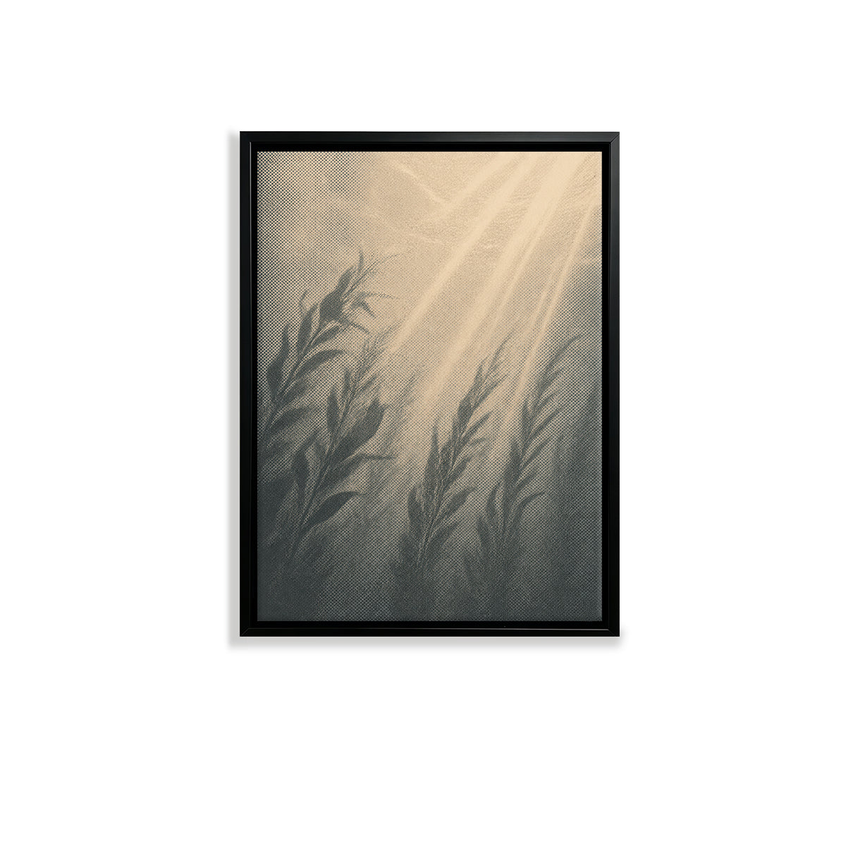 Framed Art Print with Ethereal Light Rays and Botanical Leaves, Vintage Style, High-Quality Matte Finish, Perfect for Home Decor in Any Room