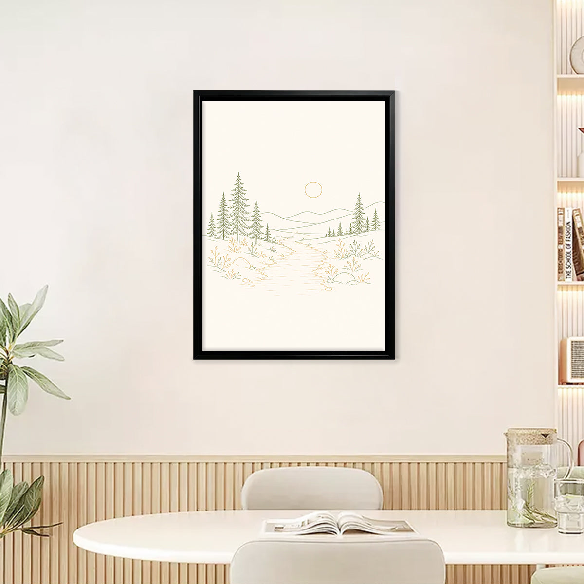 Framed Nature Landscape Art Print with Pine Trees and Stream, Minimalist Style, High-Quality Matte Finish
