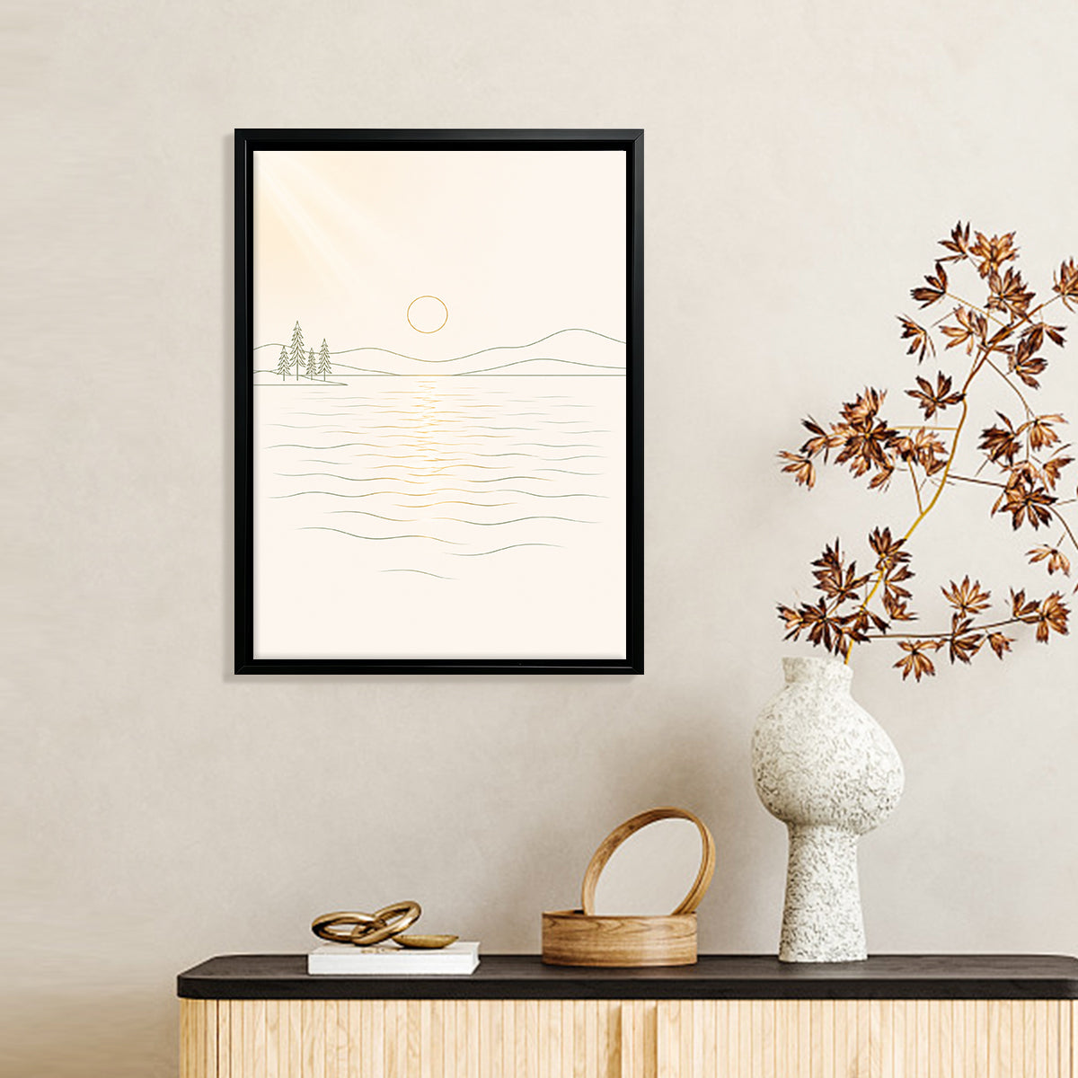 Minimalist Lake Sunrise Art Print in Black Frame - Elegant Home Decor for Any Room