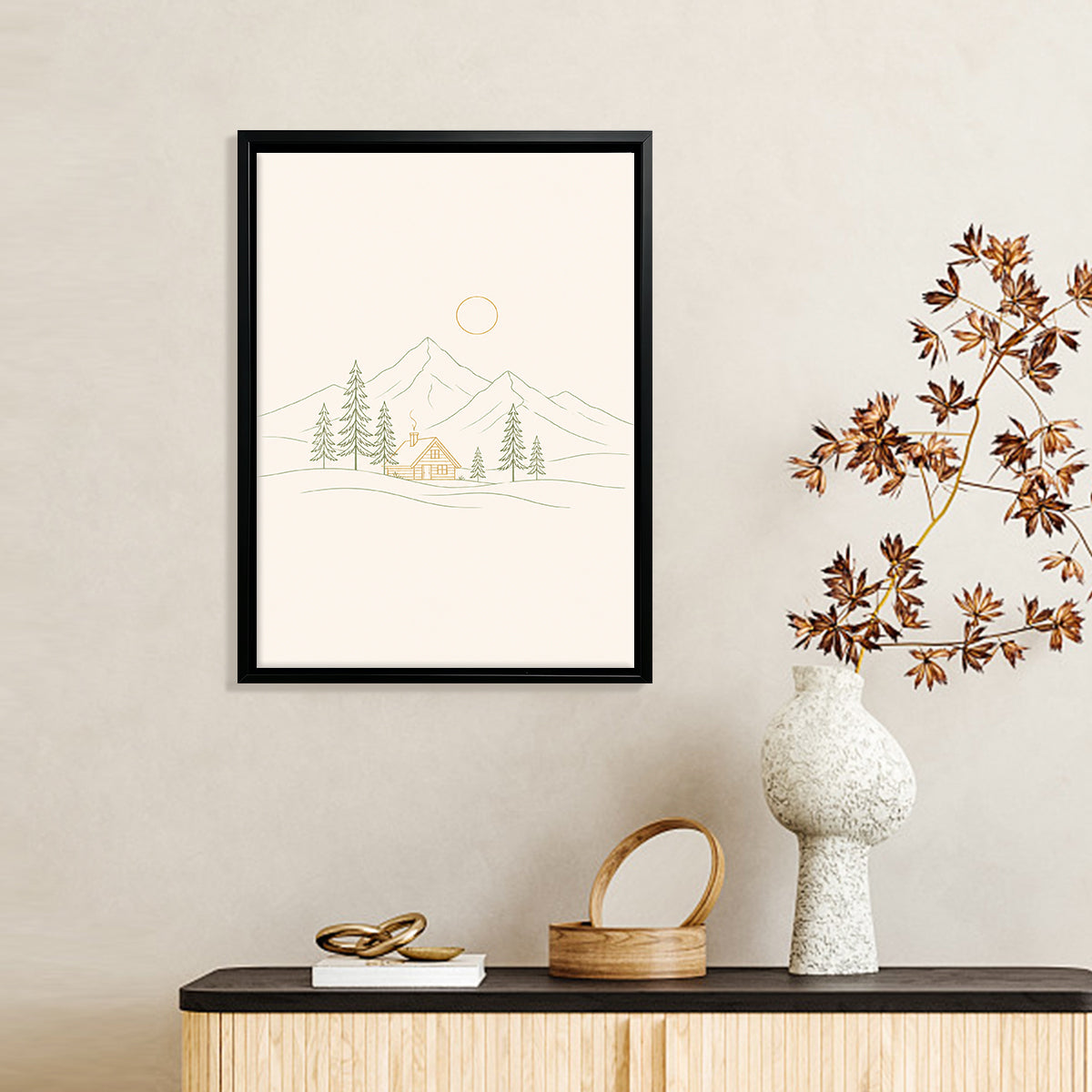 Minimalist Cabin in the Woods Framed Art Print, Scandinavian Style, High-Quality Matte Finish, Perfect for Home Decor