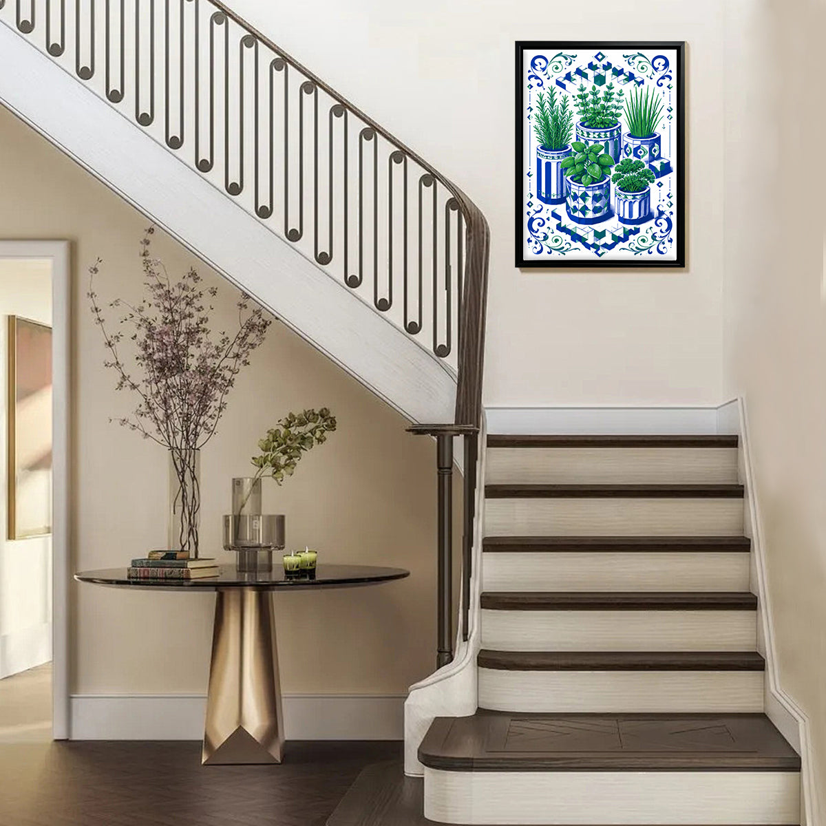 Framed Art Print Featuring Blue and White Ceramic Herb Pots, Vintage-Inspired Design, Perfect for Home Decor
