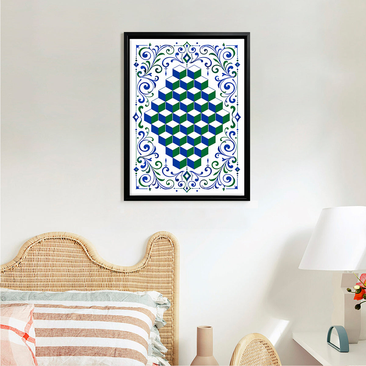 Framed Optical Cube Art Print with Ornate Blue and Green Borders, Modern Home Decor