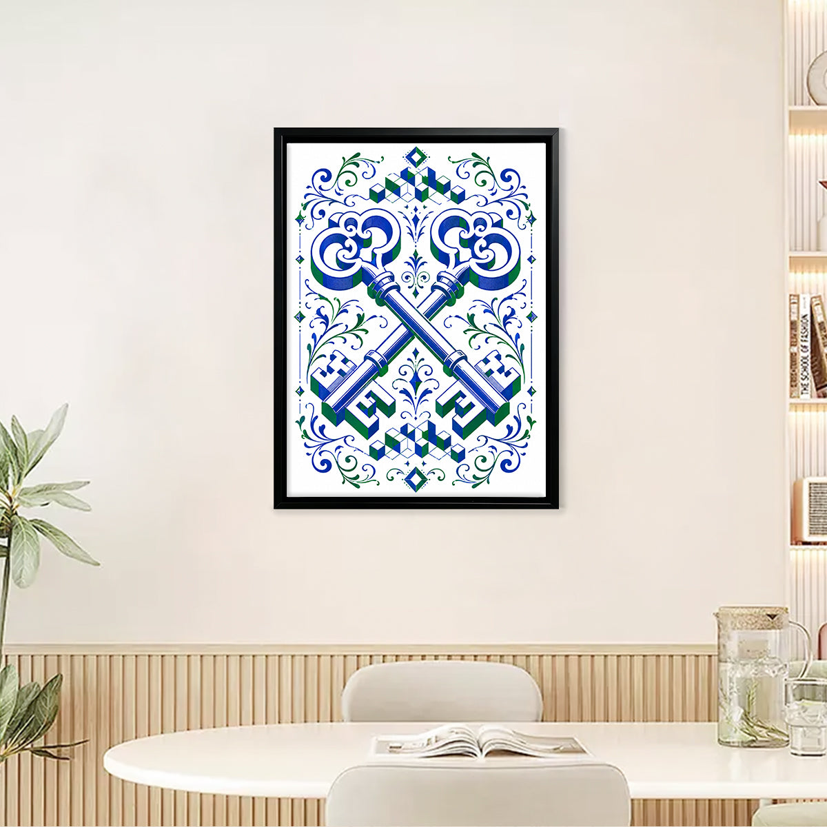 Framed Art Print with Ornate Keys Design, Vintage Style, High-Quality Paper, Perfect for Home Decor in New York