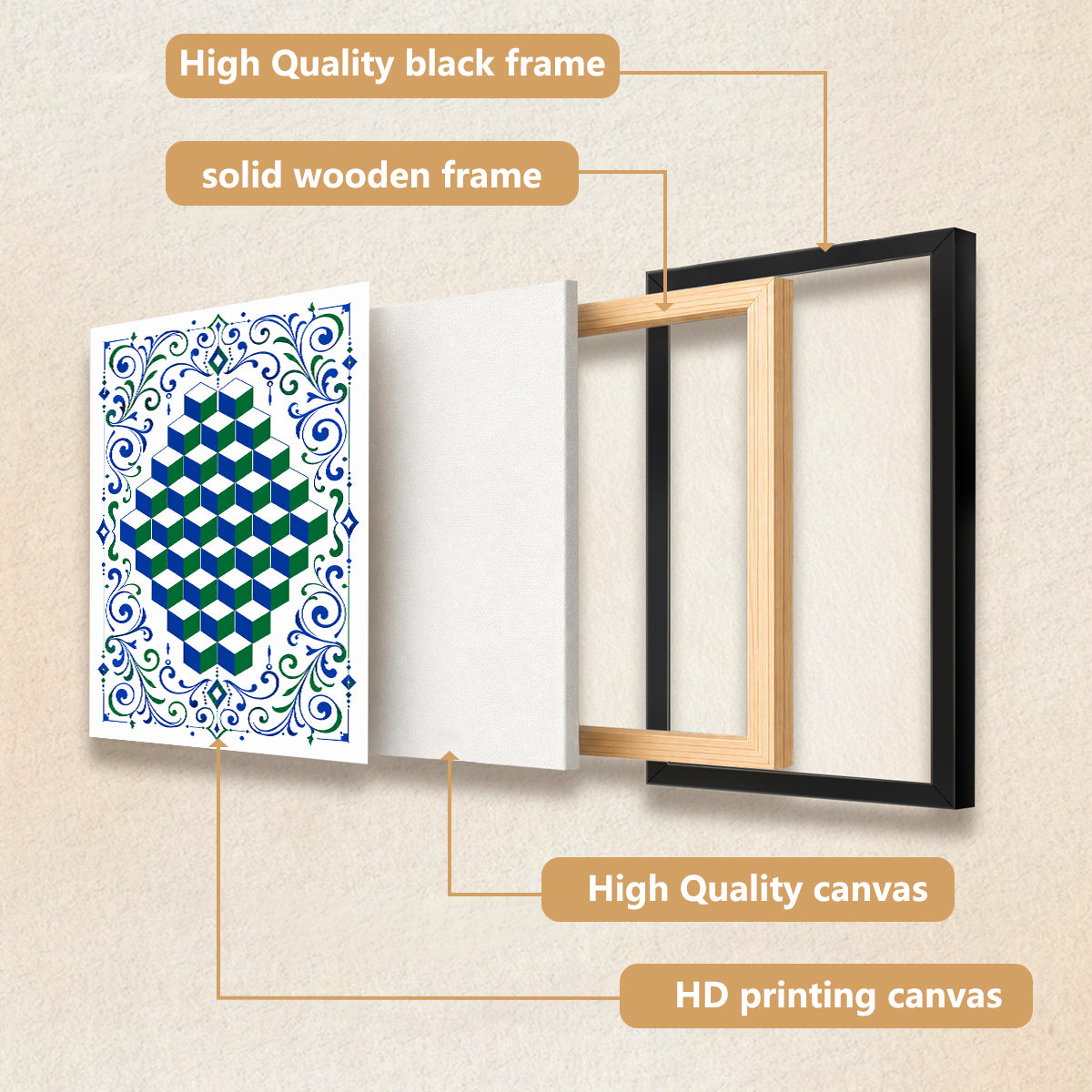 Framed Optical Cube Art Print with Ornate Blue and Green Borders, Modern Home Decor