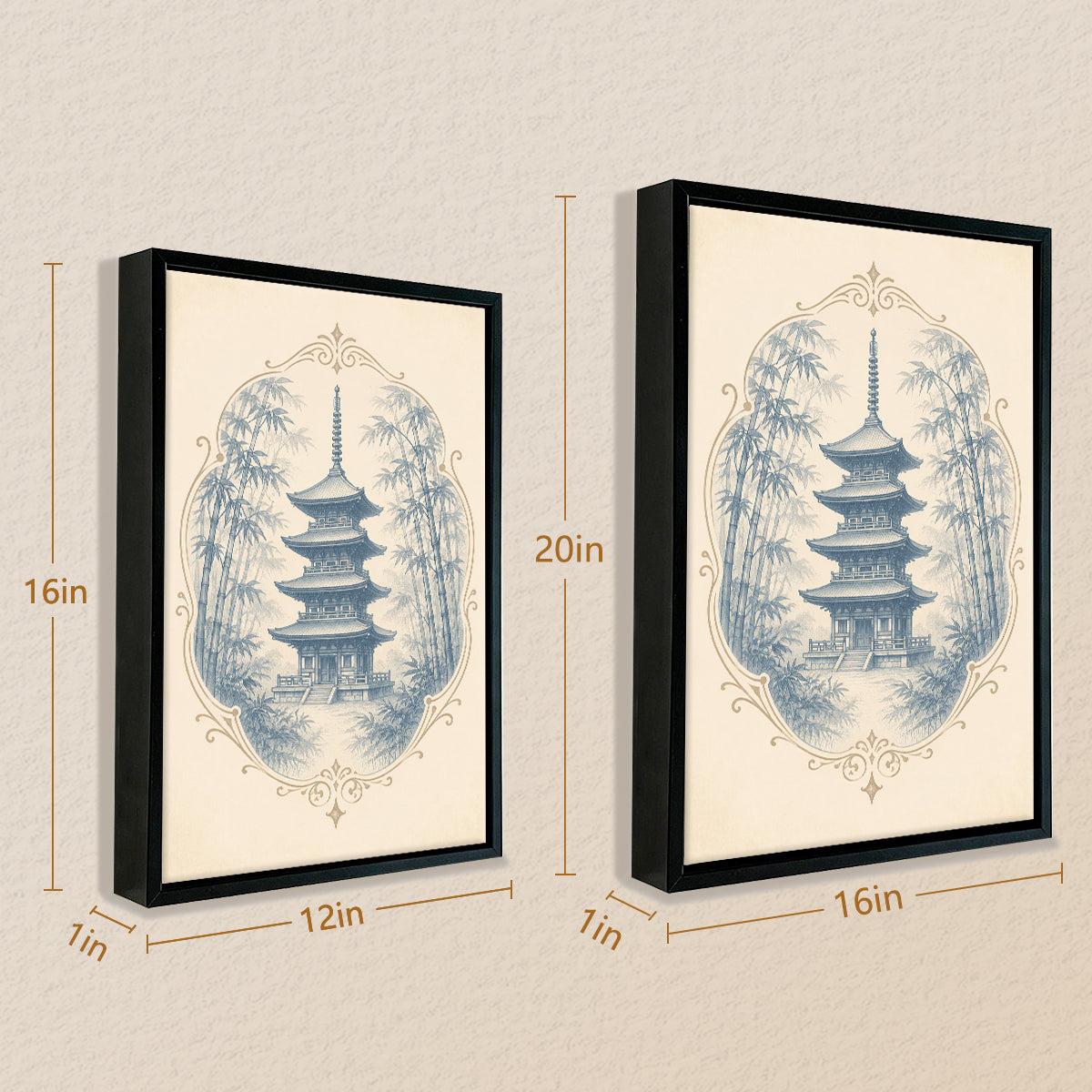 Framed Asian Temple & Bamboo Art Print, Vintage-Inspired Wall Decor for Living Room or Staircase