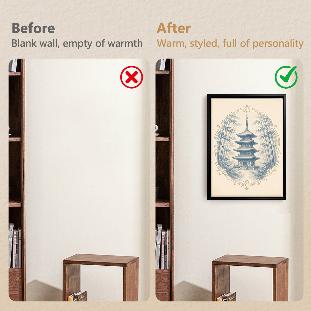 Framed Asian Temple & Bamboo Art Print, Vintage-Inspired Wall Decor for Living Room or Staircase