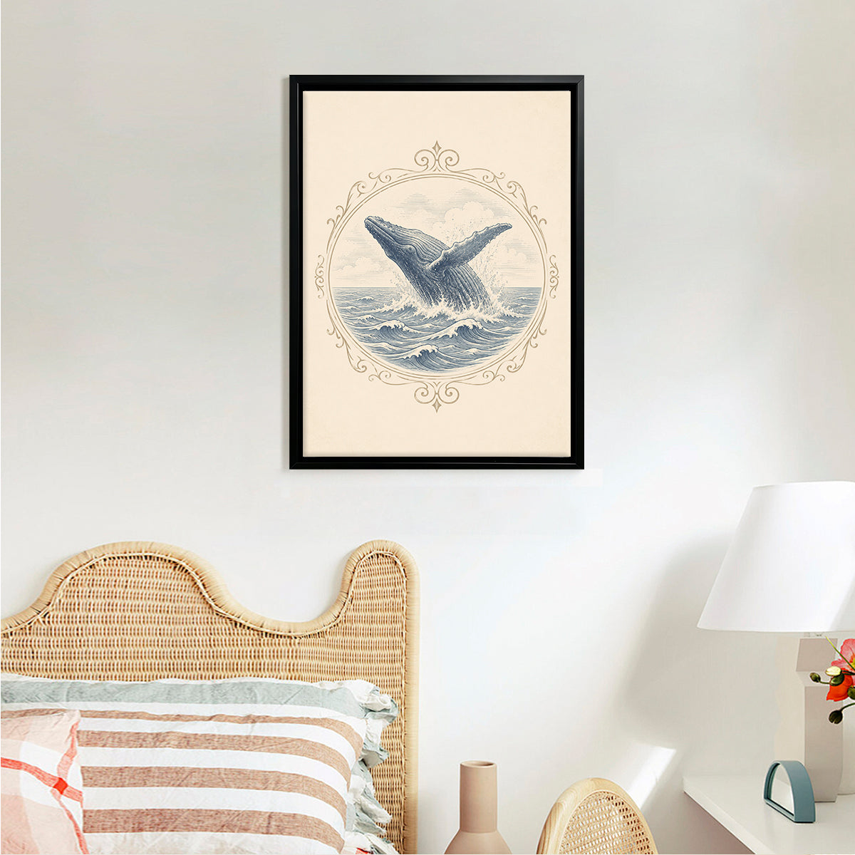 Framed Whale Art Print Vintage Nautical Design Perfect for Home Decor in Any Room