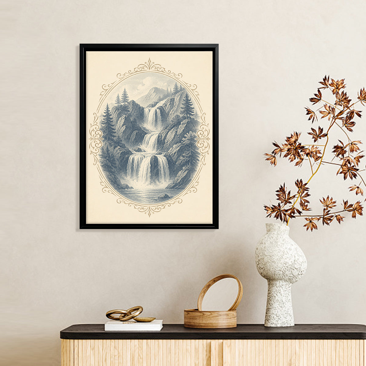 Framed Vintage Waterfall Landscape Art Print, Classic Style, High-Quality Matte Finish, Perfect for Home Decor in Any Room