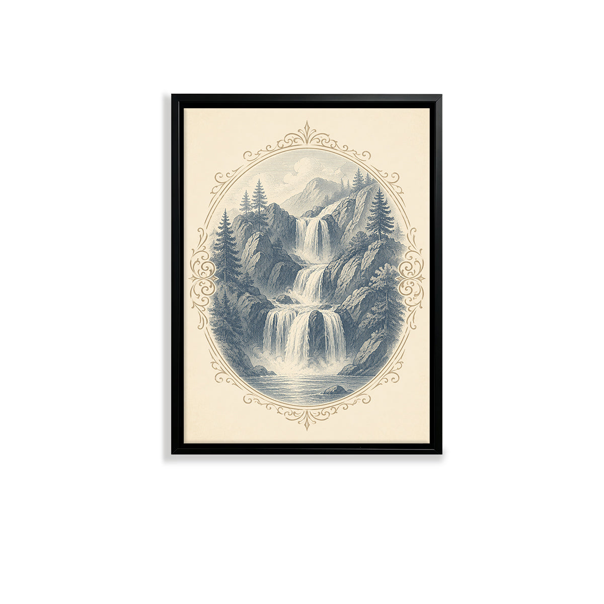Framed Vintage Waterfall Landscape Art Print, Classic Style, High-Quality Matte Finish, Perfect for Home Decor in Any Room