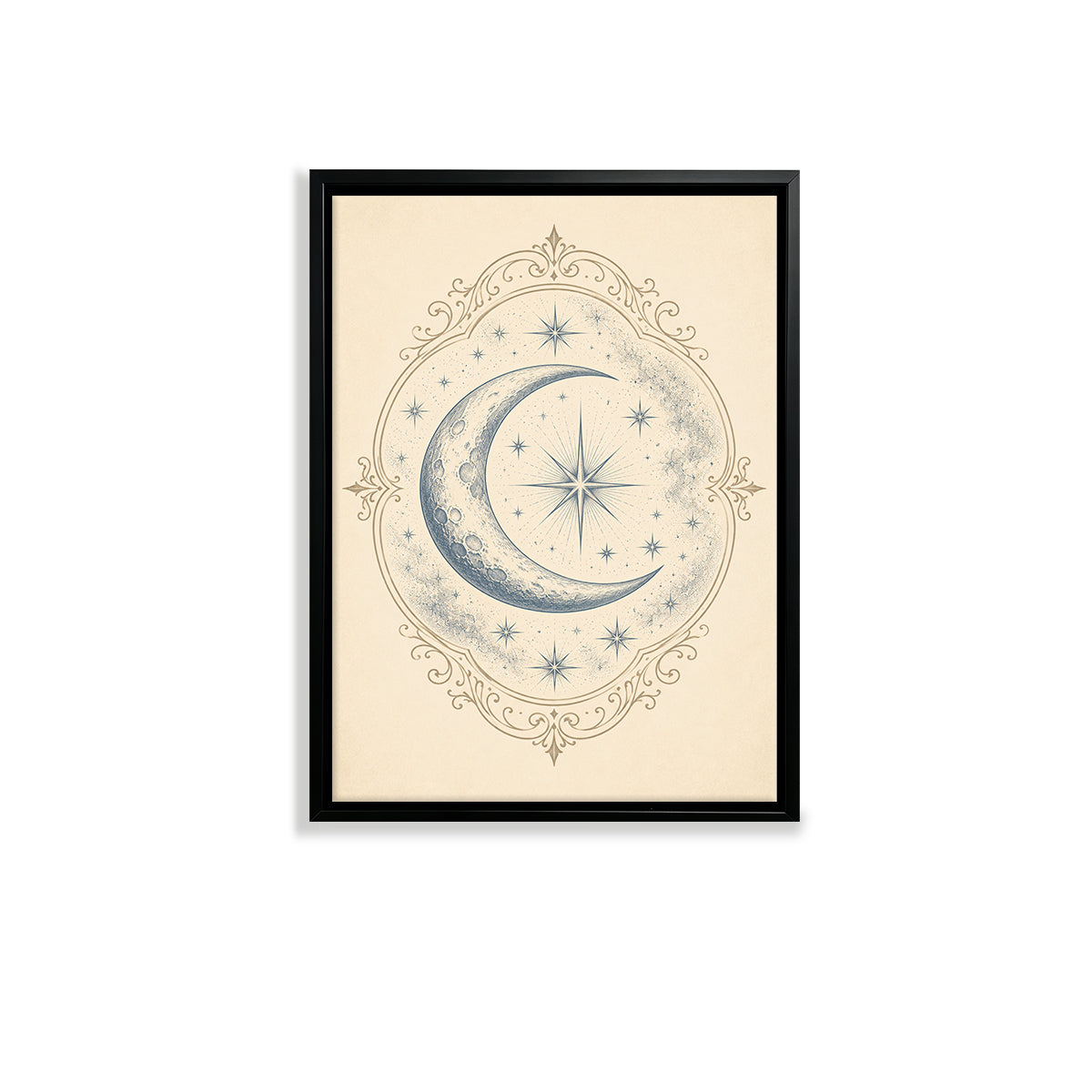 Framed Crescent Moon Art Print with Starry Sky Design, Vintage Style, High-Quality Matte Finish, Perfect for Home Decor in Any Room