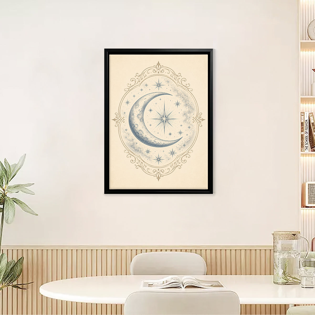 Framed Crescent Moon Art Print with Starry Sky Design, Vintage Style, High-Quality Matte Finish, Perfect for Home Decor in Any Room