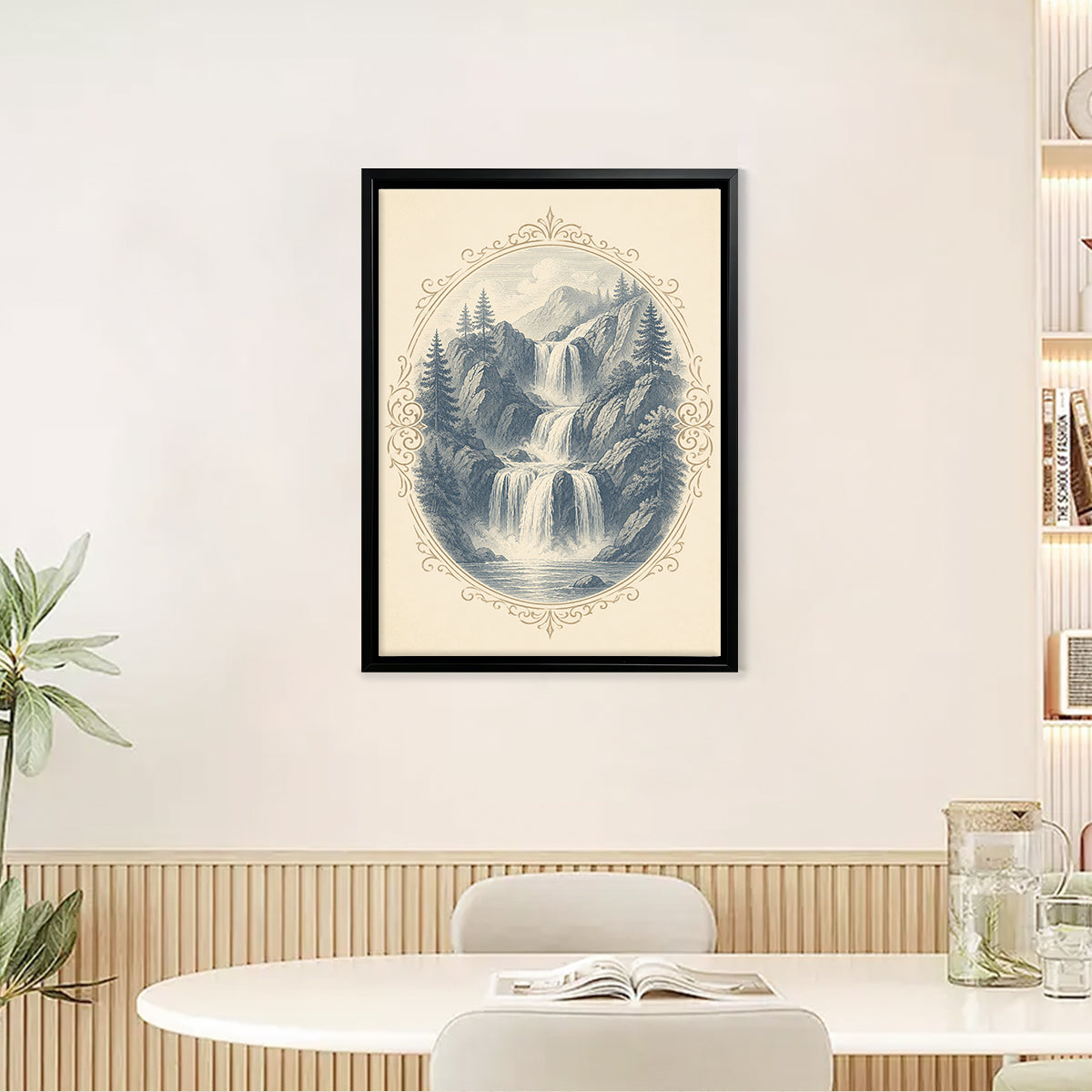Framed Vintage Waterfall Landscape Art Print, Classic Style, High-Quality Matte Finish, Perfect for Home Decor in Any Room