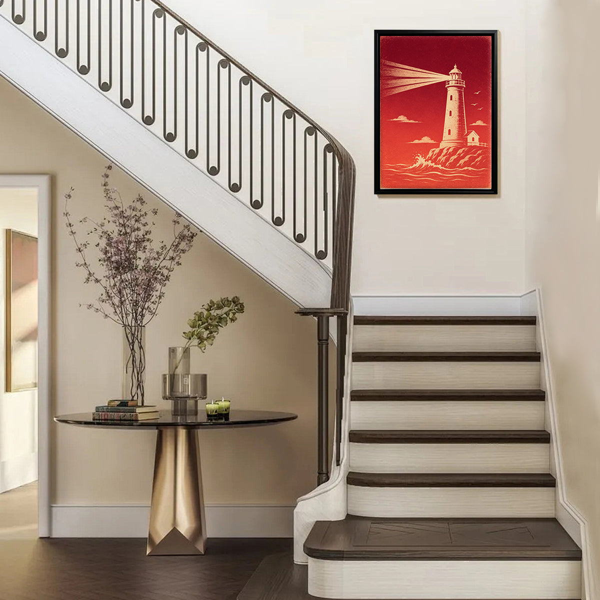 Framed Lighthouse Art Print, Vintage Red Design, Perfect Home Decor for Living Room or Office