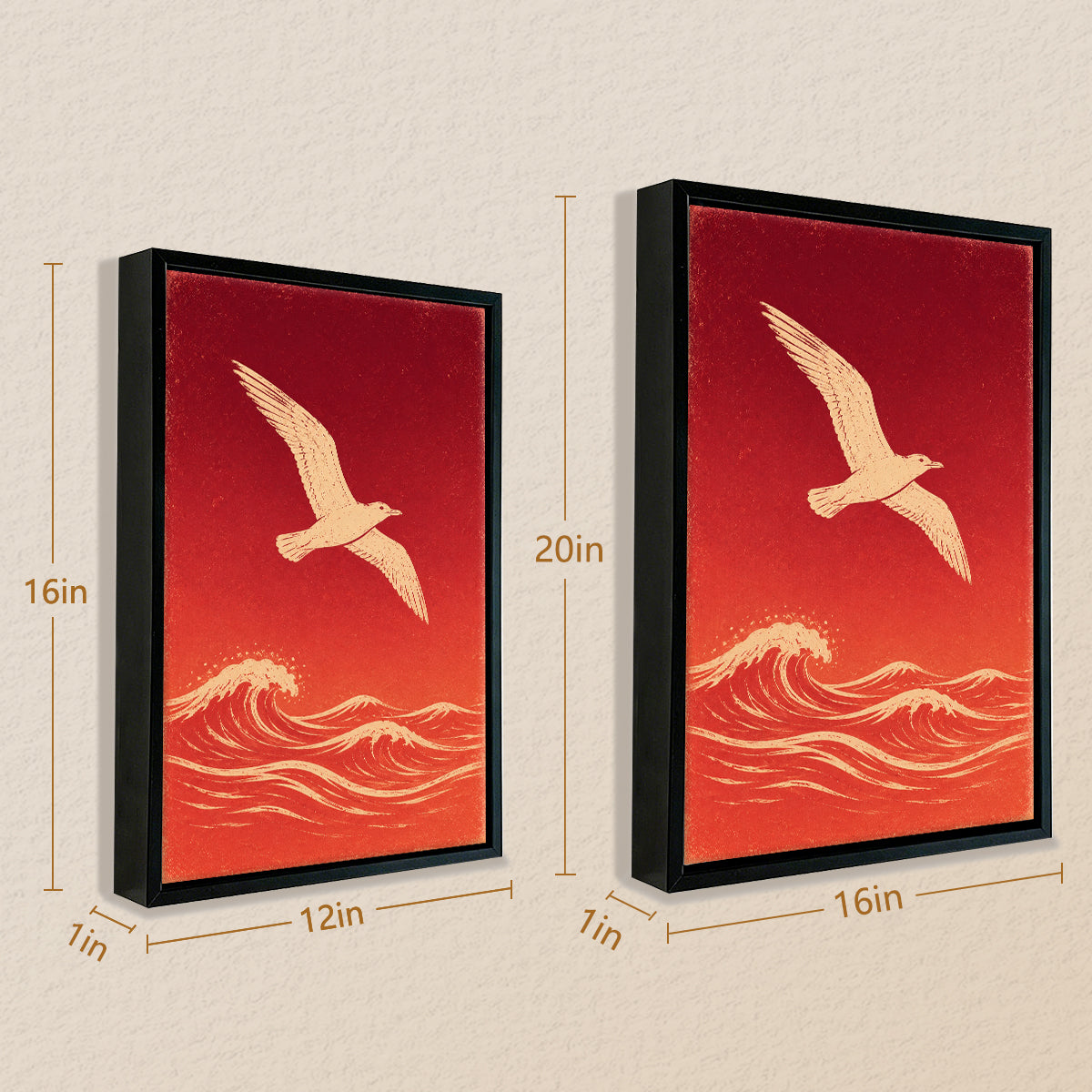 Framed Seagull Over Waves Art Print, Red Ocean Scene, Modern Home Decor