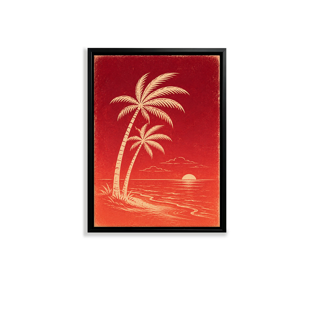 Framed Tropical Palm Trees Sunset Art Print, Vibrant Red Design, Perfect Home Decor for Any Room