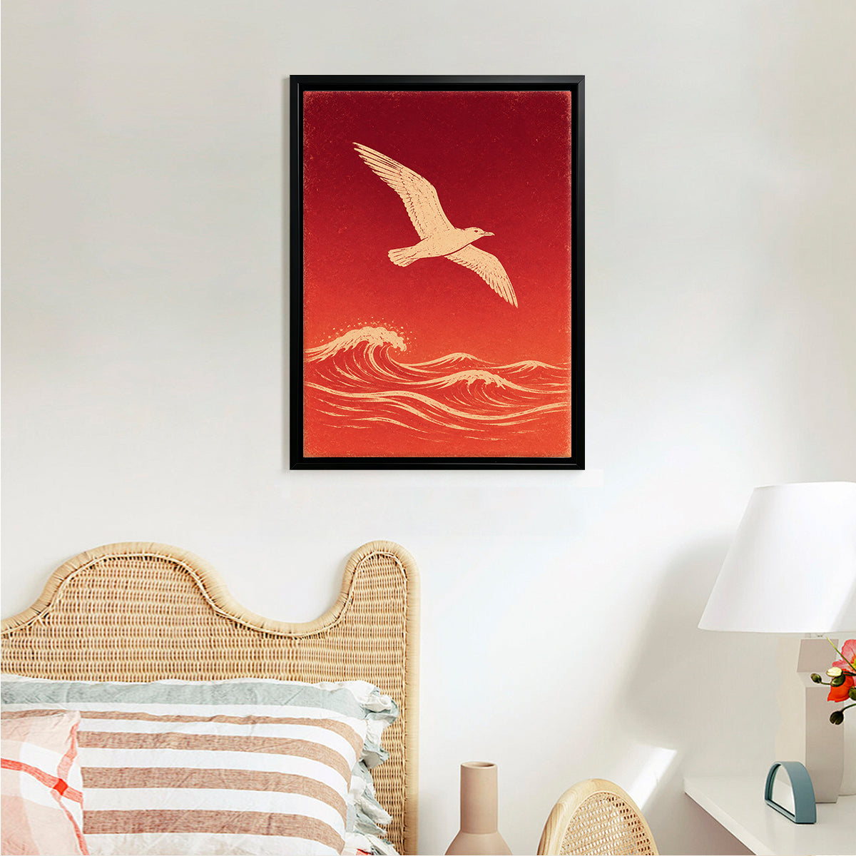 Framed Seagull Over Waves Art Print, Red Ocean Scene, Modern Home Decor