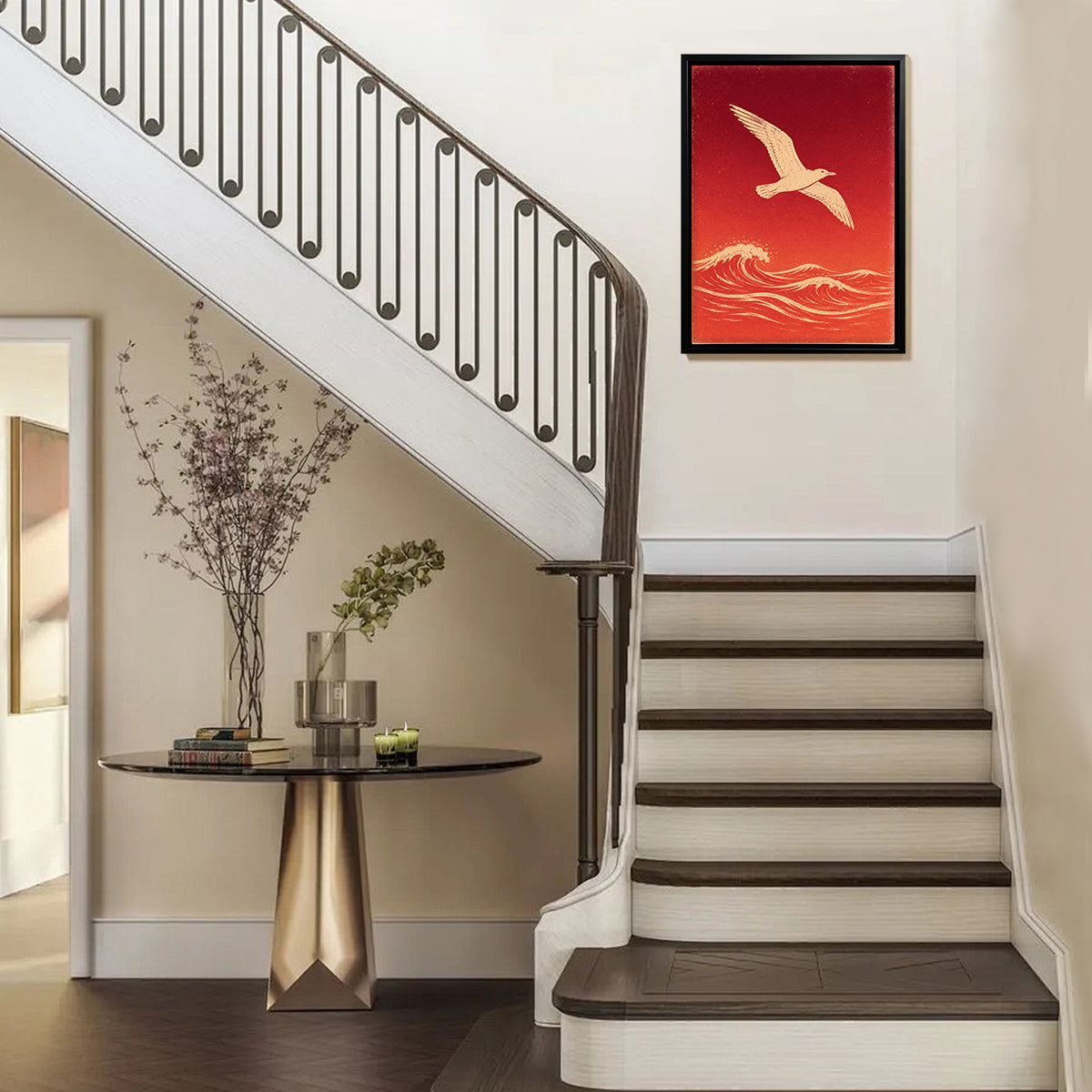 Framed Seagull Over Waves Art Print, Red Ocean Scene, Modern Home Decor
