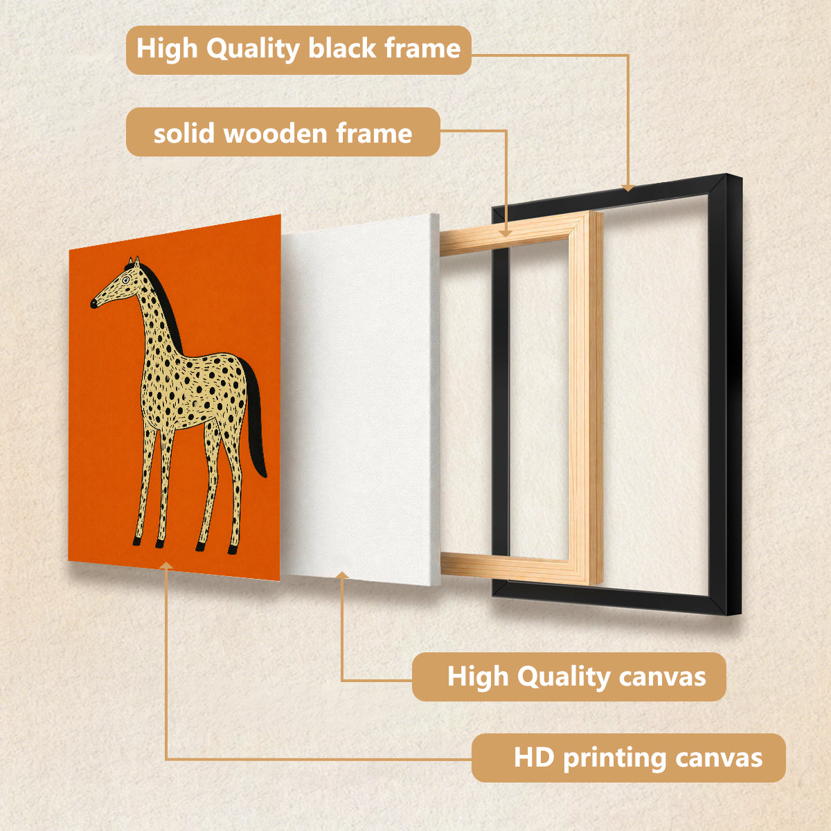 Framed Orange Horse Art Print with Spotted Pattern, Modern Home Decor, High-Quality Matte Finish