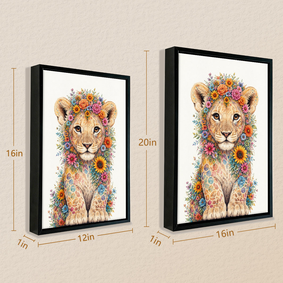 Framed Floral Lion Cub Art Print, Vibrant Wildlife Design, High-Quality Canvas, Perfect Home Decor for Any Room