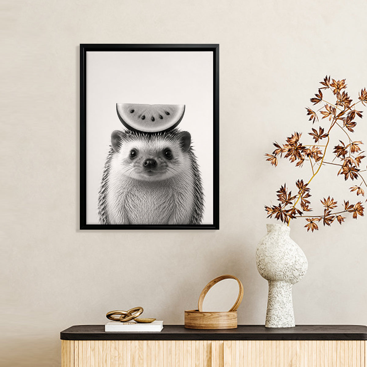 Framed Hedgehog with Watermelon Slice Art Print, Black and White Nordic Style, High-Quality Matte Finish for Home Decor