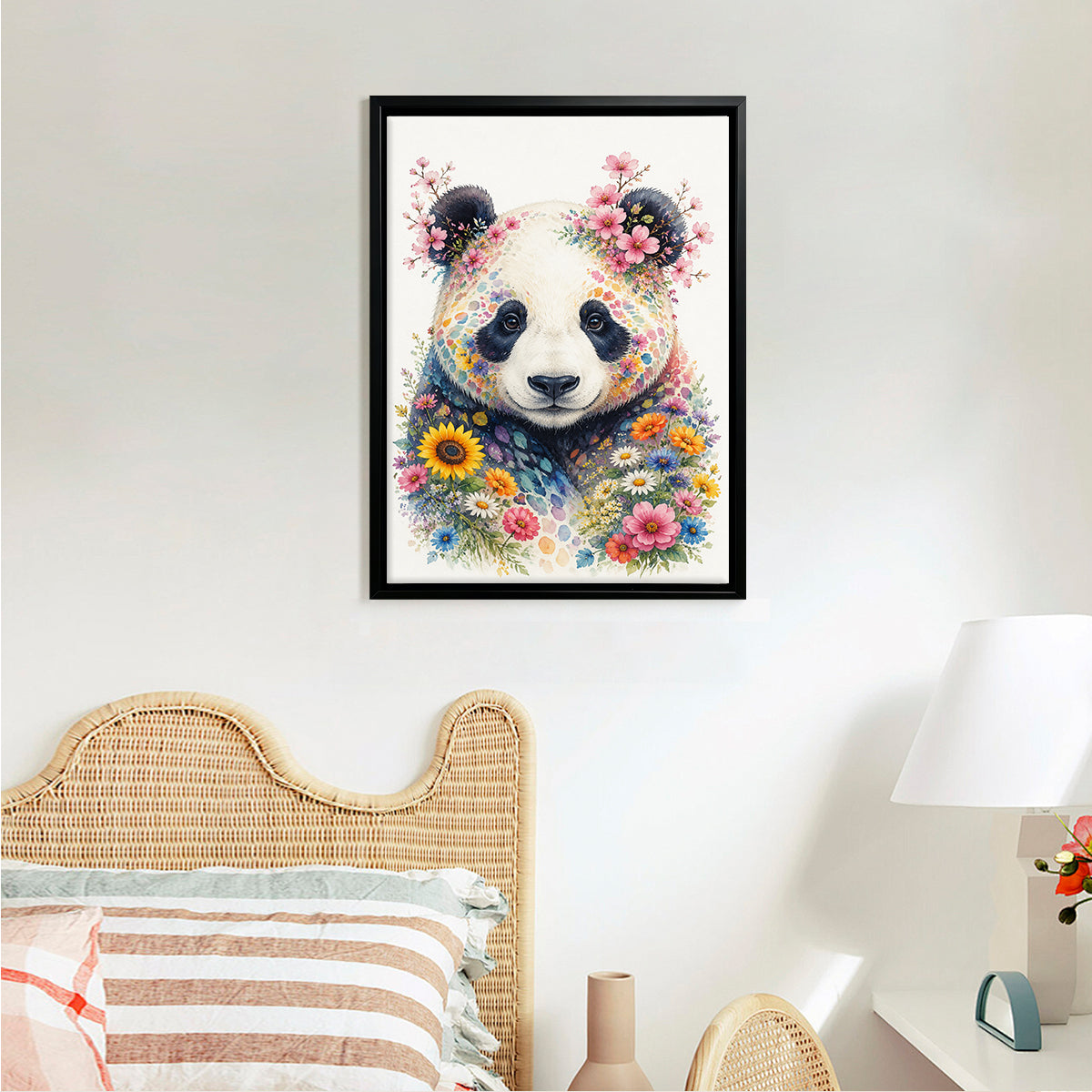 Framed Panda Art Print with Floral Design, Vibrant Colors, High-Quality Matte Paper, Perfect Home Decor for Any Room